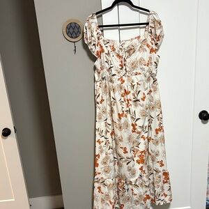 Chic Floral Midi Dress in Cream and Orange